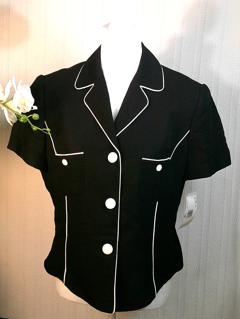 Vintage Evan-Picone Black Linen/White Trim Short Sleeve Blazer-14P NWT RTL$168